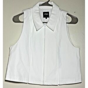 ZARA Women's Medium Pleated Cropped Vest Top White Zip Front Collared EUC $39